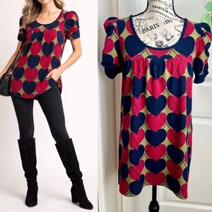 Younique Y2K Heart Print Puff Sleeve Tunic Top Blue Red Sz L